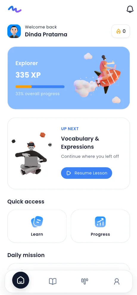 MALL mobile home screen showing learning progress and the next lesson
