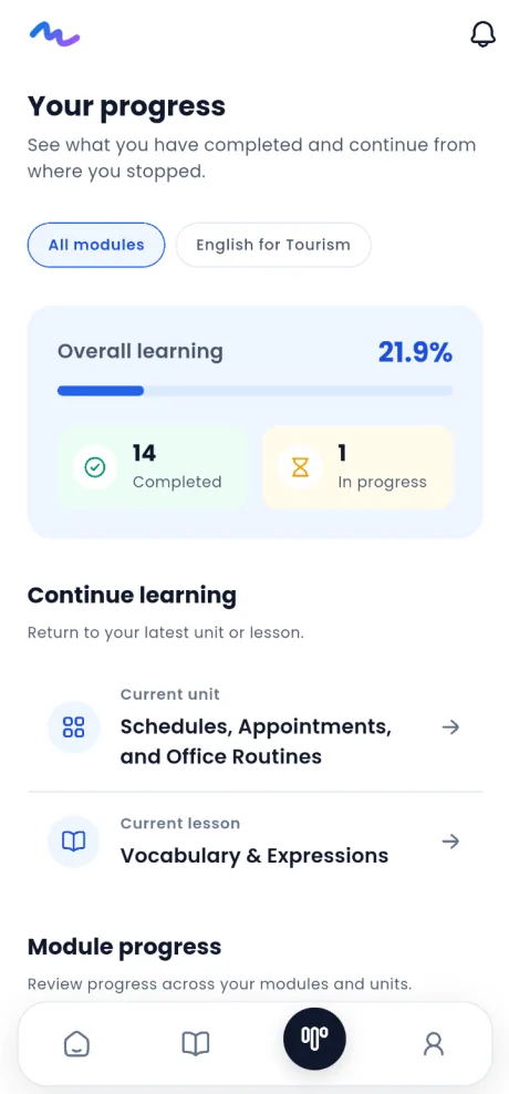 MALL mobile progress screen showing completed and in-progress learning