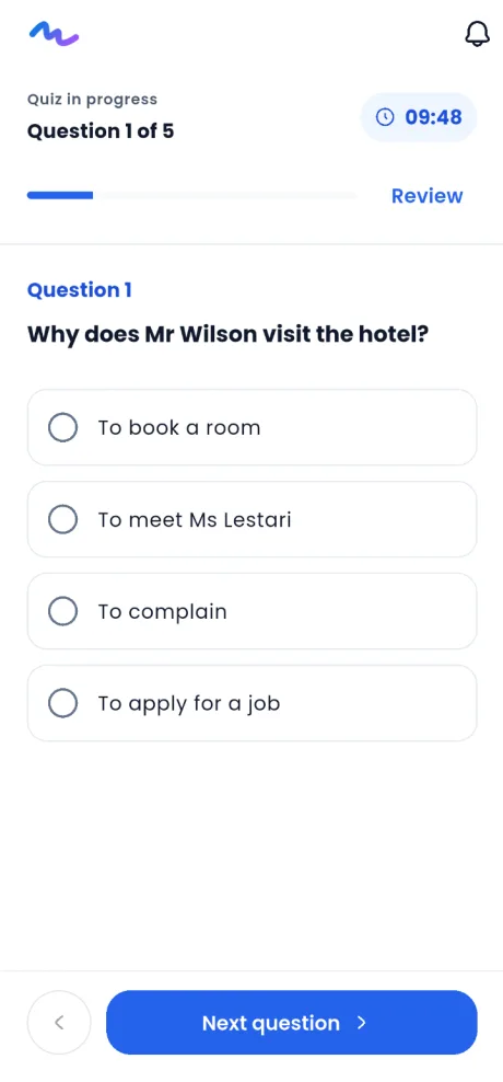 MALL quiz screen showing a timed multiple-choice question